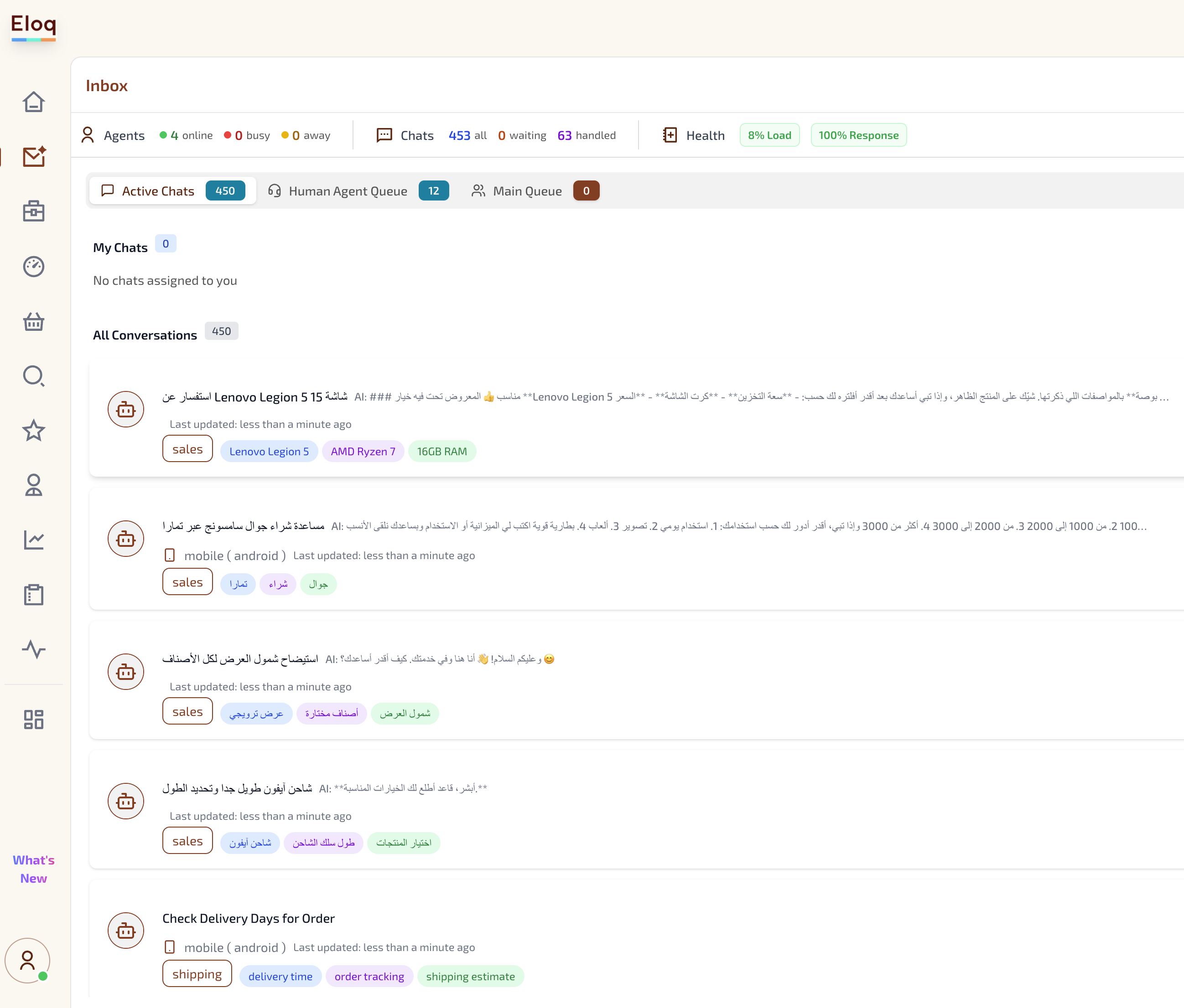 Shop Assist Inbox showing live agents, queue health and AI-classified customer conversations